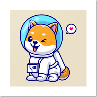 Cute Shiba Inu Dog Astronaut Sitting Cartoon Posters and Art